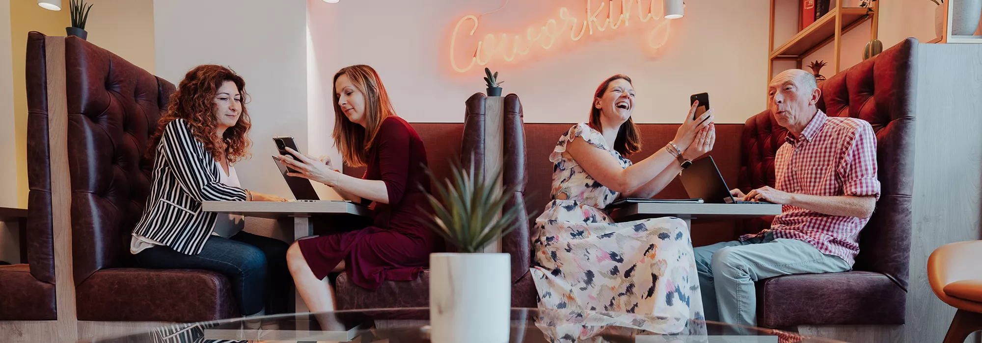 Coworking space at Servcorp Schuman, European Quarter—comfortable booths and collaborative atmosphere in Brussels.