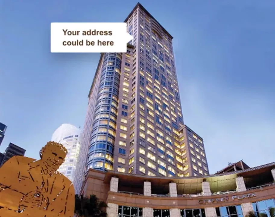 A-Grade Building outdoor and from a distance of Servcorp Chifley Tower at ground view. With the statue overlooking