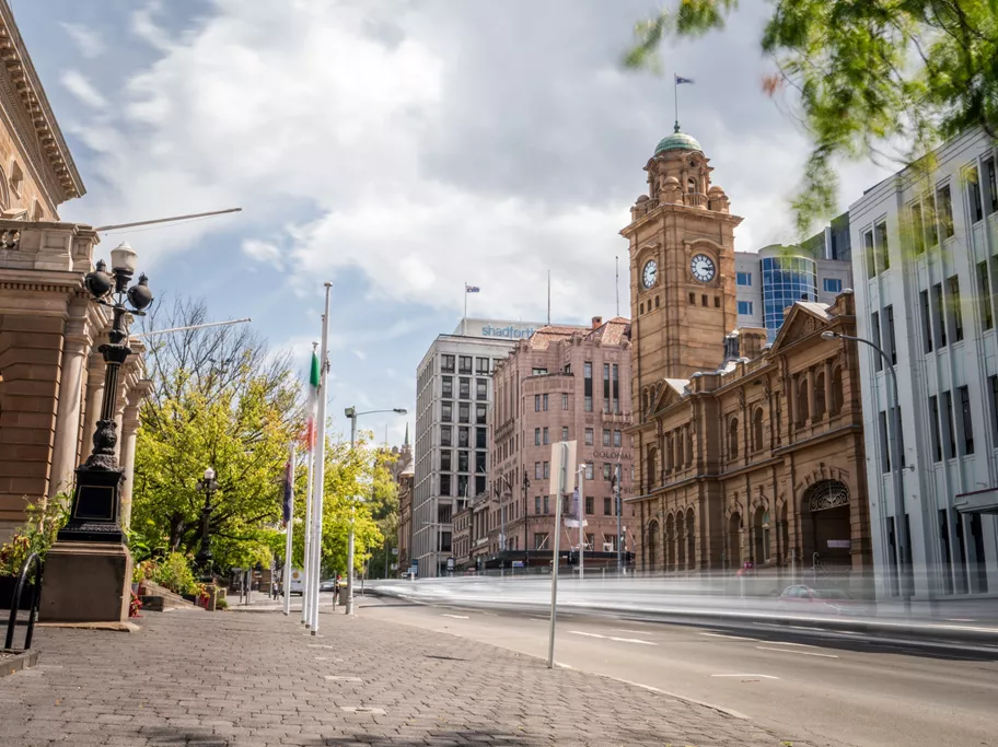 Downtown Hobart central business district. A Grade building Servcorp Reserve Bank Building, Hobart in the background